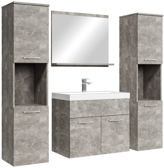 Ensemble de salle de bain gris béton avec meuble-lavabo, miroir et deux hautes armoires latérales.