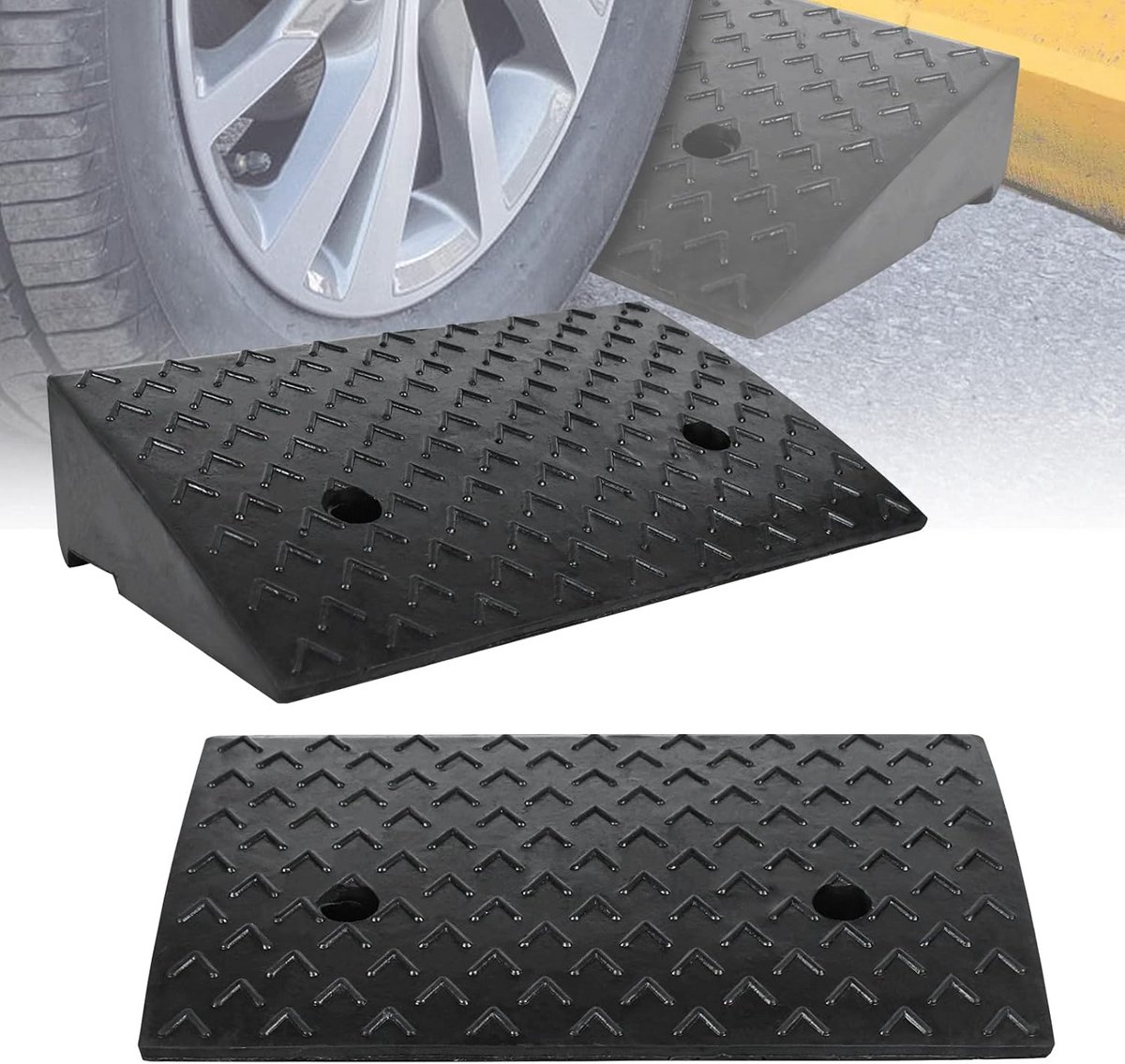 Set van 2 Rubberen Stoeprandhellingen 10cm Hoog - Zwart - Oprit Oprijplaat voor Auto, Motor, Rolstoel