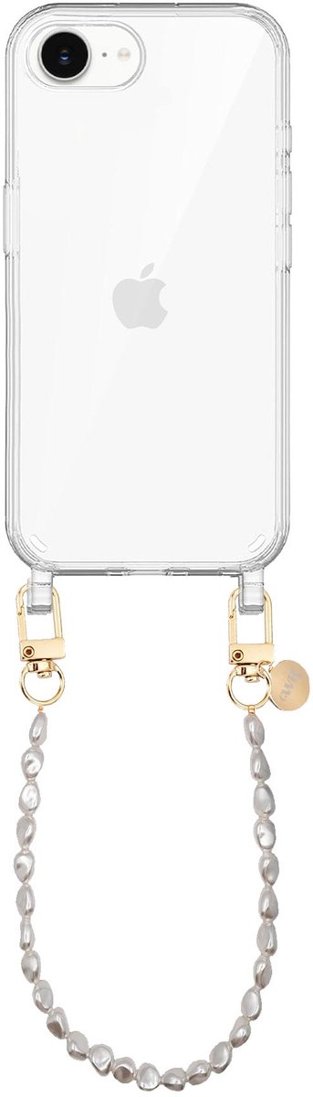 xoxo Wildhearts siliconen hoesje - Geschikt voor iPhone 17e hoesje - Pearlfection - Telefoonhoesje - Hoesje met koord - Parelketting - kort telefoonkoord - Transparant hoesje (korte variant)