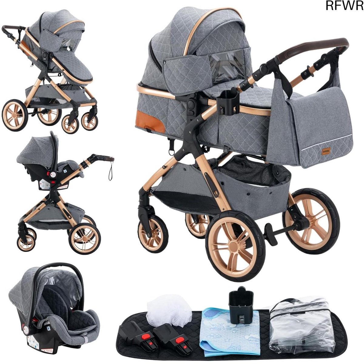 3-in-1 Kinderwagen met Verstelbare Handgreep en Schokabsorptie