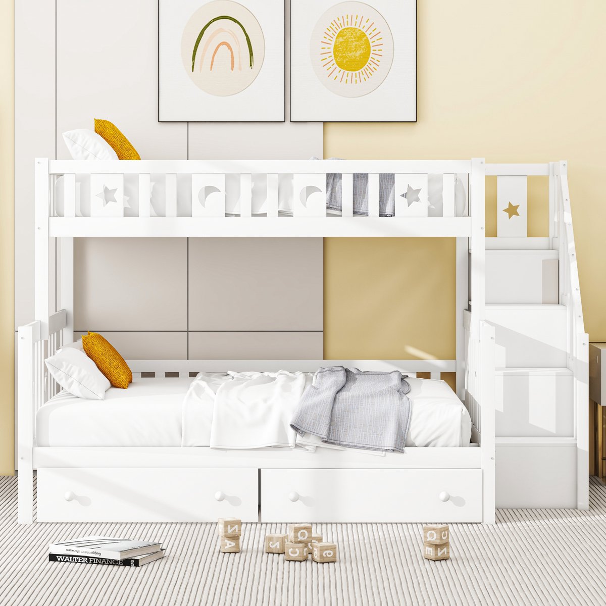 VVBV Strovea Kinderbed Stapelbed 90x200/140x200 cm Massief Hout met Veilige Trap, 2 Grote Lades en Lattenbodem, Wit White