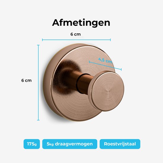Afmetingen van koperkleurige badkamerhaak: 6cm hoog, 6cm breed, 4,5cm diep. Roestvrij staal, 5kg draagkracht.