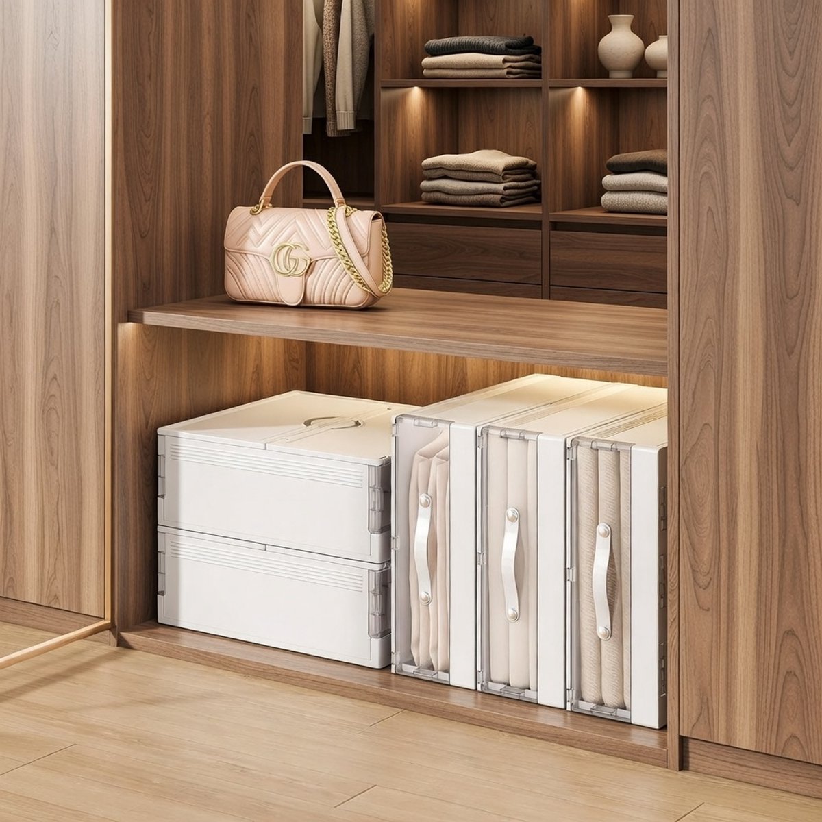 LinaFold Pro Onderbed Opbergdoos met Kijkvenster en Handvat – Set van 4 Opvouwbare Kunststof Beddengoed Organizers 40x33x13 cm – Stapelbare Kleding & Lakens Organizer Wit – noviHome