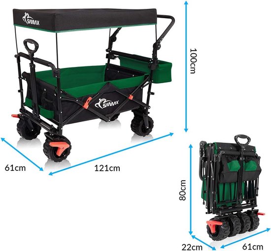 Bolderkar met Dak - Opvouwbare Offroad Tuinkar met Rem en Staartzak - Zwart/Groen van LifeGoods — afbeelding 5