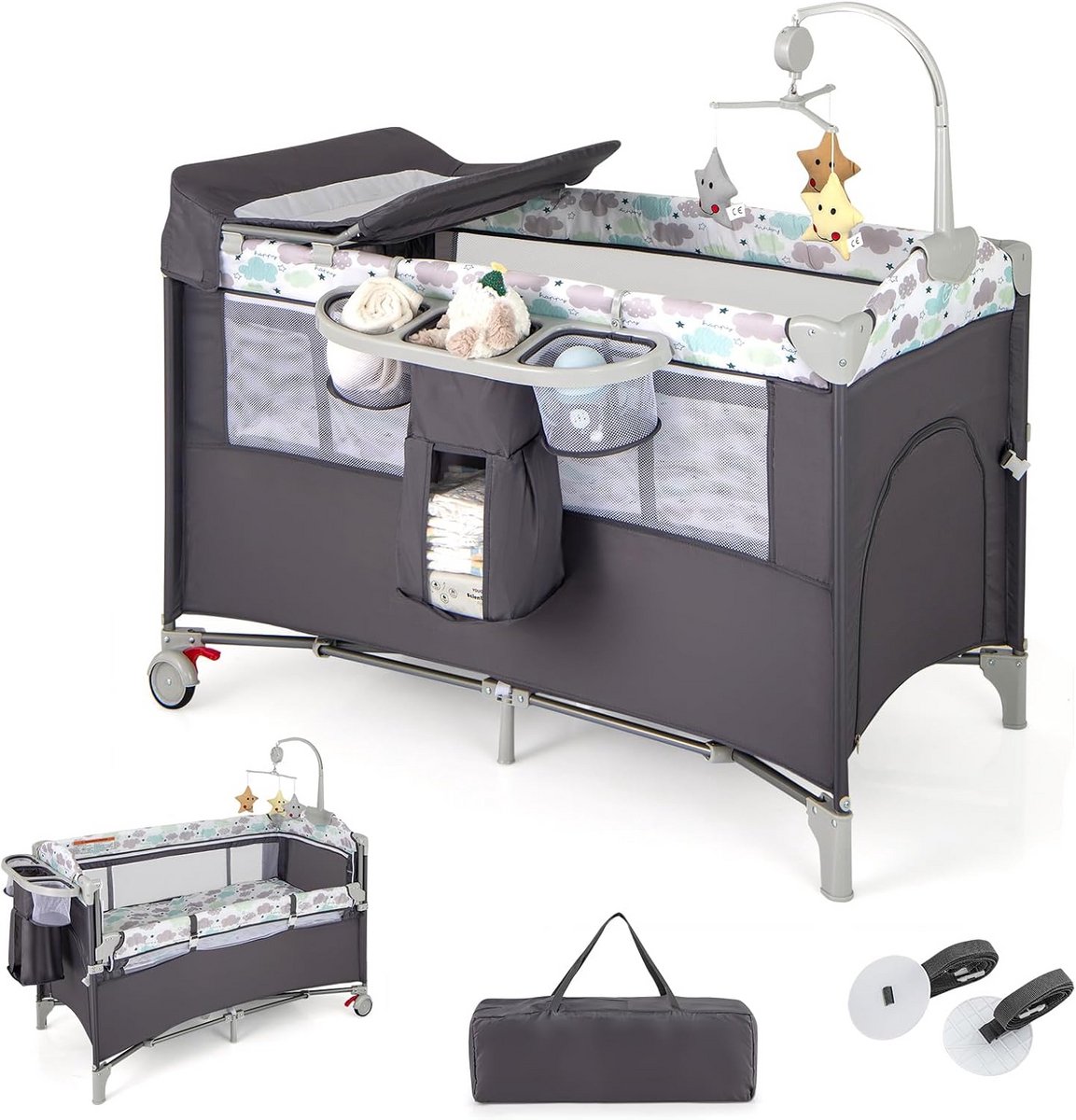 5-in-1 Opvouwbaar Cododo Babybed met Matras en Luiertafel - Multifunctioneel Reisbureau voor Kinderen 0-36 Maanden