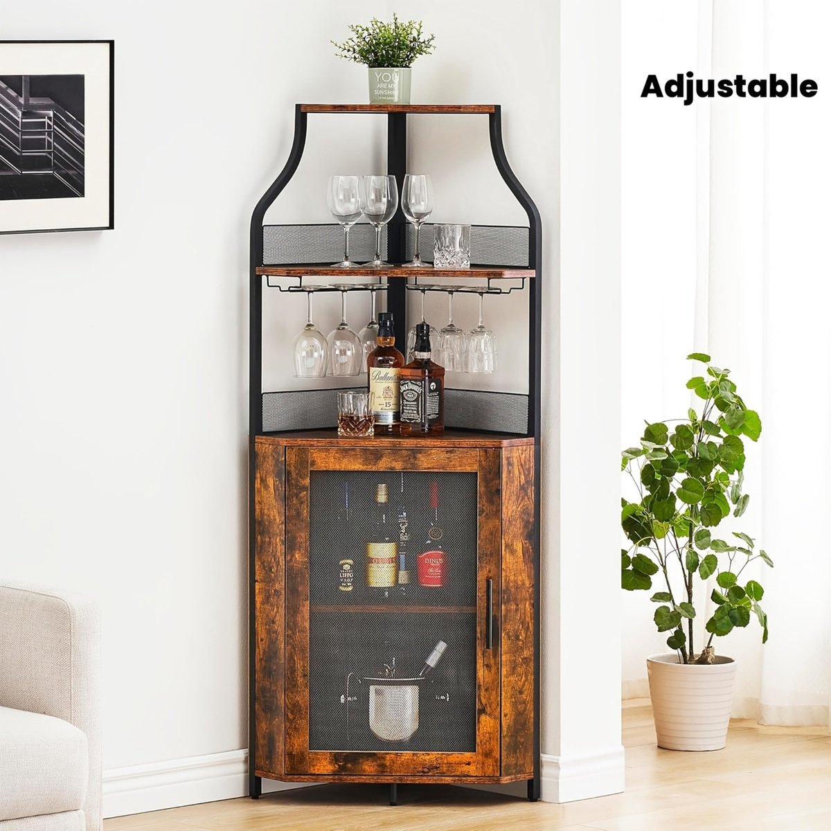 Hoek Wijnbar Kast met Afneembaar Wijnrek – Verstelbare Plank – Hardhout – Klassieke Stijl – Vrijstaand_ bruin