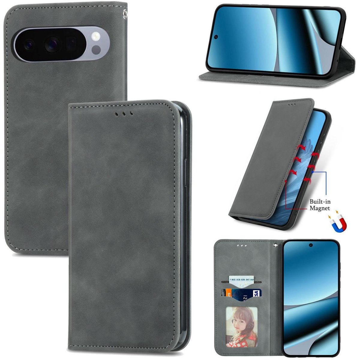 Mobigear Telefoonhoesje geschikt voor Google Pixel 10 Pro XL Hoesje | Mobigear Retro Slim Bookcase Portemonnee | Pasjeshouder voor 2 Pasjes | Telefoonhoesje voor Pinpas / OV Kaart / Rijbewijs - Grijs