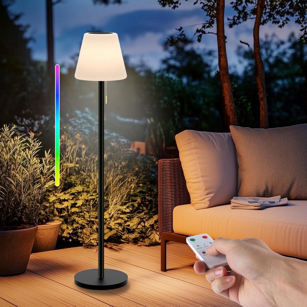 Draadloze Solar Vloerlamp - Waterproof Oplaadbare Outdoor Lamp met Lichtsensor en Dimbare Warm Wit + RGB LED