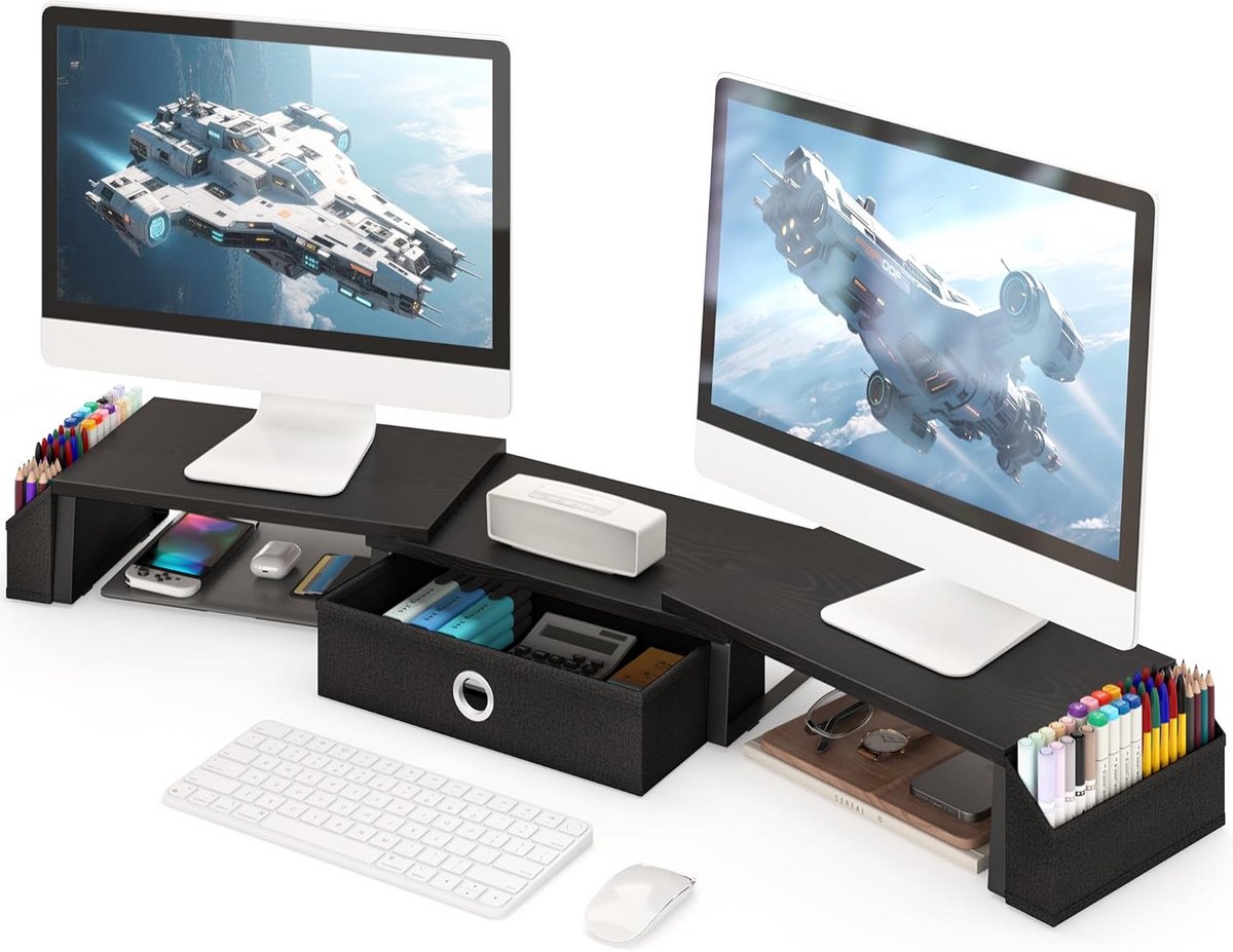 Verstelbare Dubbele Monitorstandaard met Opberglade - Desk Organizer voor Laptop, TV, PC en Printer