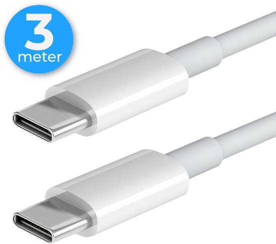 Wit USB-C naar USB-C kabel, 3 meter lang.