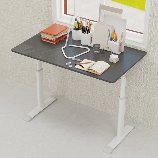 OKWISH Bureau Zit Sta Verstelbaar Met Handslinger Voor Thuiswerk En Studie Grijs Metaal En Hout Compact Ontwerp