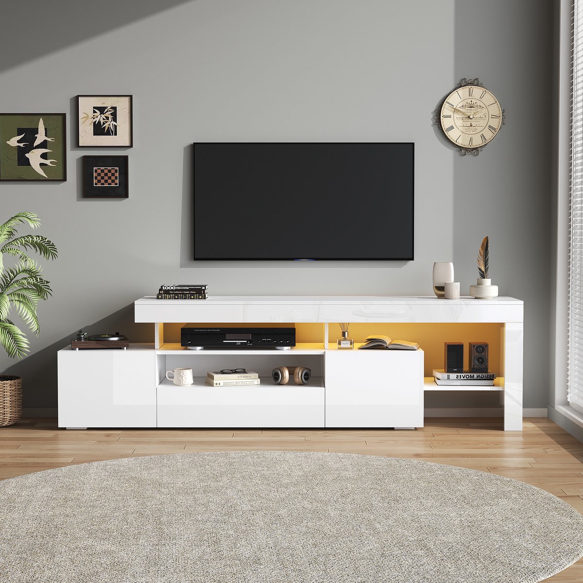 Clruro TV-Meubel - 192 x 37 x 53 cm - Met 3 Kasten en LED - Hoogglans - Wit