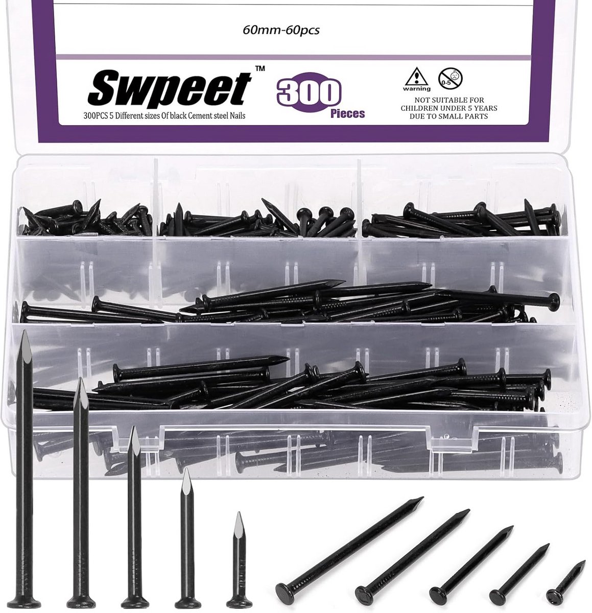Assortiment Zwarte Hardware Nagels - 300 Stuks in 5 Maten (3/4" tot 2-3/8")