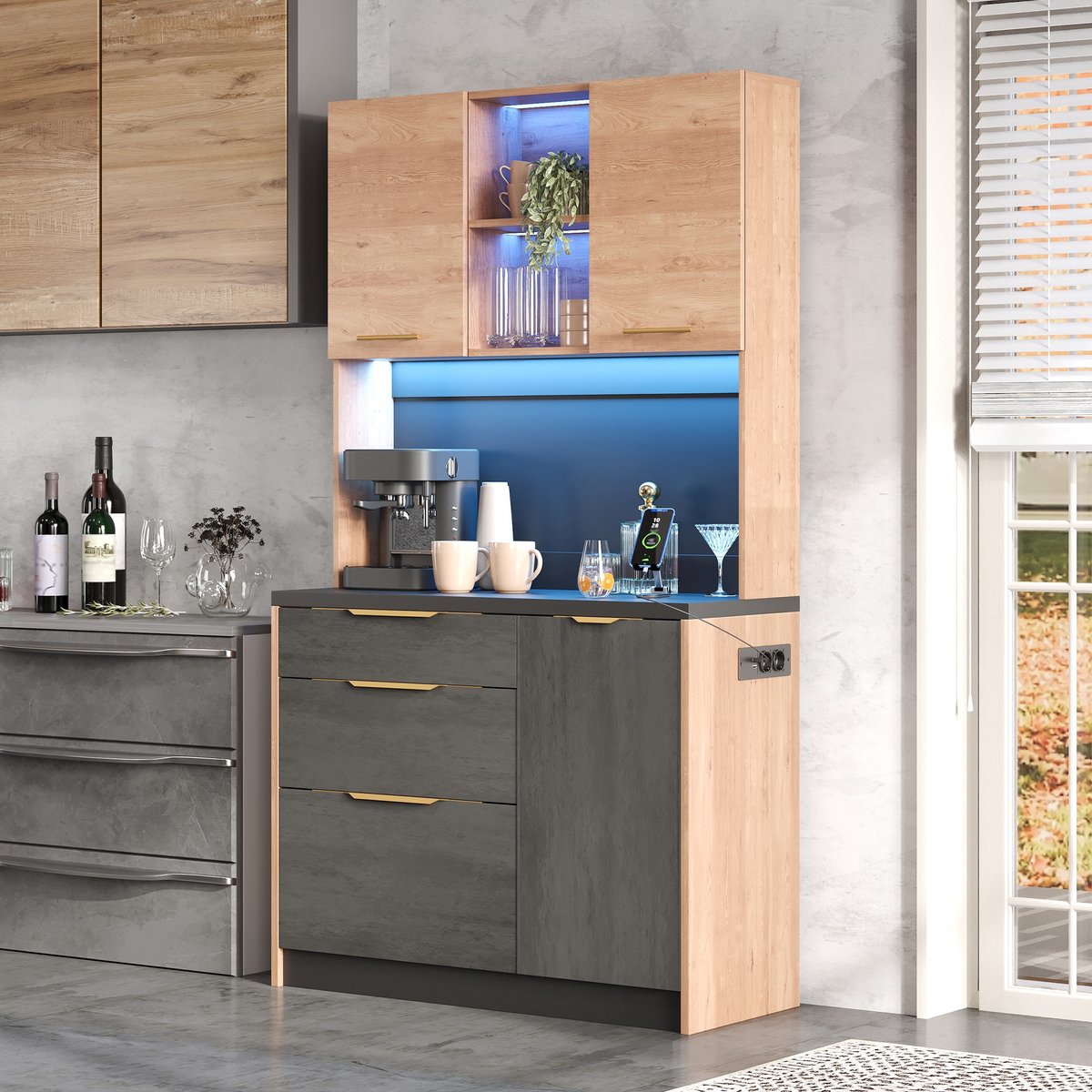 Keukenkast Met Betonlook En Zwart Werkblad Verstelbare Ledverlichting Eu Stopcontact En Usb Opbergruimte 100 X 40 X 180 Cm