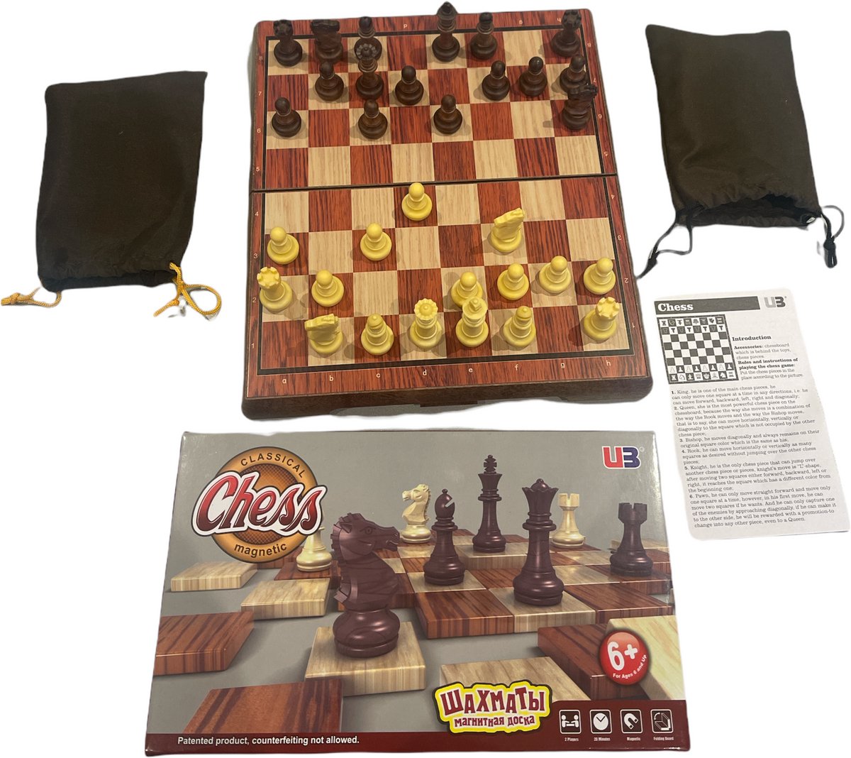 Magnetisch Schaakspel - Kunststof met houtlook - Opklapbaar met sluiting - 61mm Koning