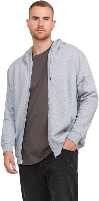 Man draagt een lichtgrijze hoodie met rits met een donkergrijs T-shirt en een zwarte jeans.