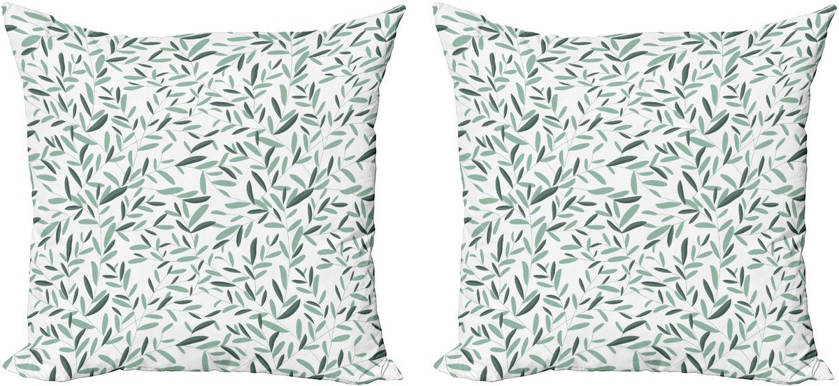 ABAKUHAUS Saliegroene kussenhoezenset (2 stuks), Zomerse tuinbladeren, 50 cm, Reseda groen wit