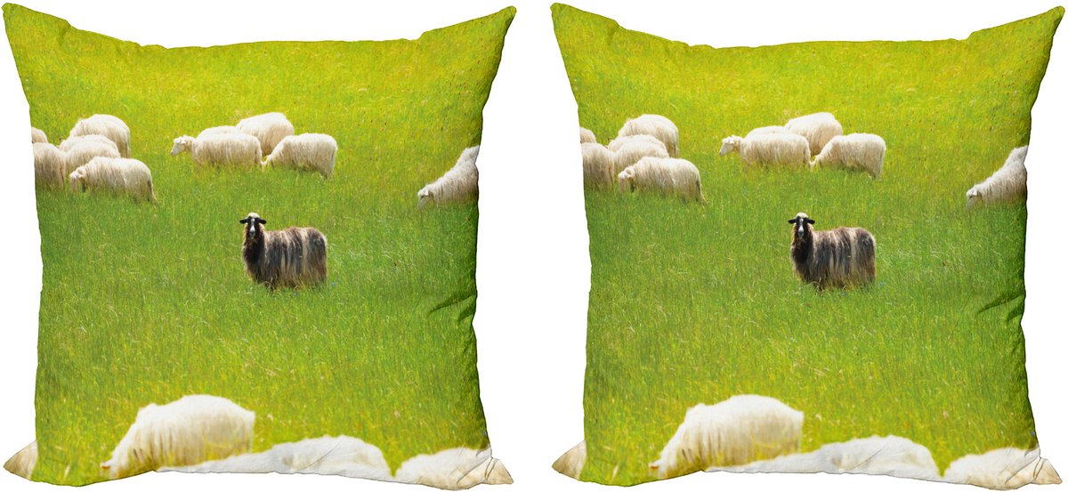 ABAKUHAUS Natuur Kussensloopset (2 stuks), Zwarte Schapen Witte Geiten, 50 cm, Varen Groen Crème