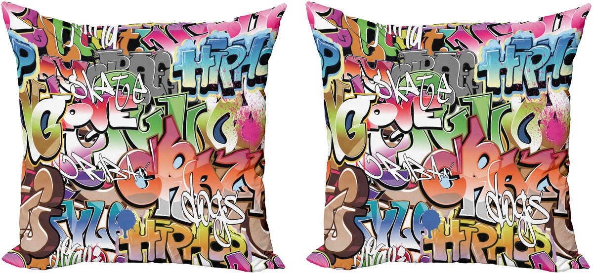 ABAKUHAUS Urban Graffiti Kussenhoes Set (2 stuks), Blockbuster Keywords, 40 cm, veelkleurig Groen Oranje