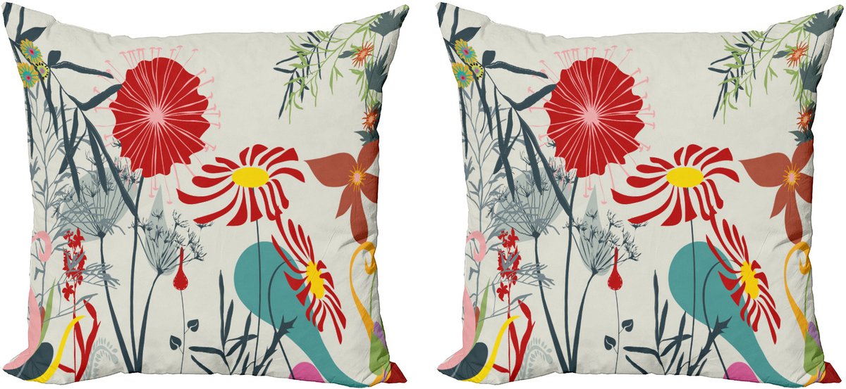 ABAKUHAUS Bloemenkussensloopset (2 stuks), Paardenbloem Tuin Botanisch, 50 cm, Meerkleurig Grijs Rood Groen