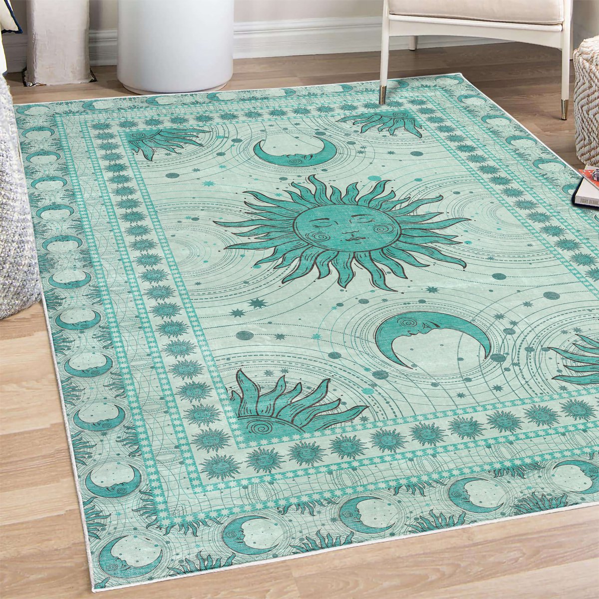 ABAKUHAUS Vloerkleed - Woonkamer Tapijt – zon en maan – 76 x 152 cm – donker zeegroen