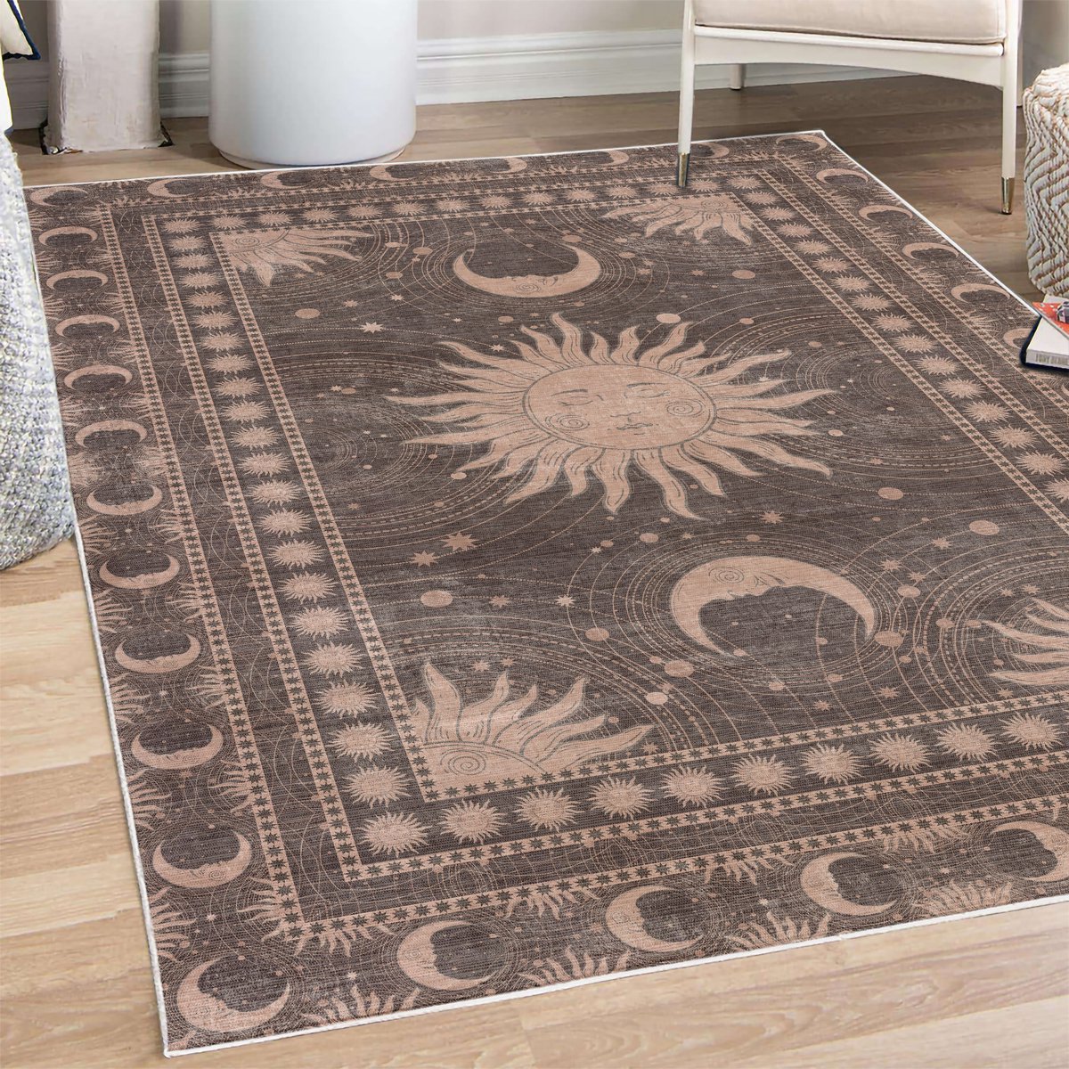 ABAKUHAUS Decoratief vloerkleed met zon en maan, hoogwaardig vloerkleed voor slaapkamer en woonkamer, 60x152 cm, taupe