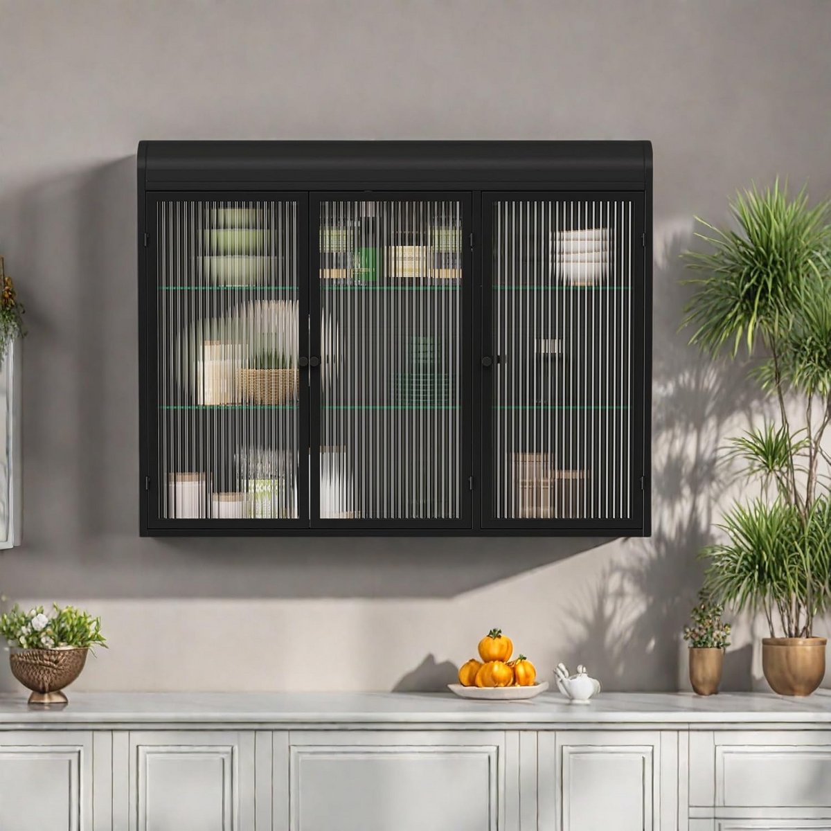 Wandkast met 3 Glazen Deuren voor Keuken en Badkamer - Zwarte Wandgemonteerde Opbergkast