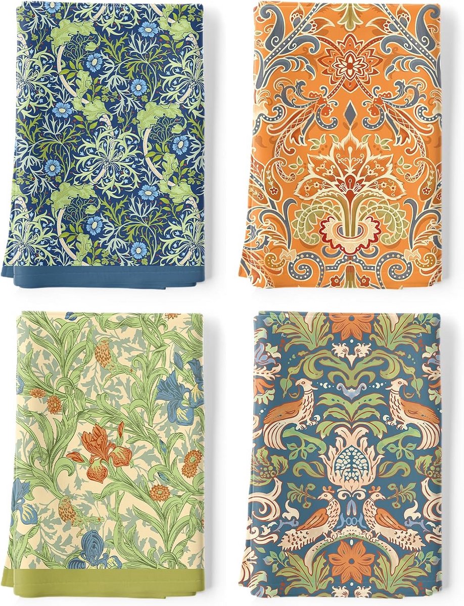 Set van 4 Keukendoeken - Katoen - Vintage Bloemmotief - Zeer Absorberend - 48x70 cm