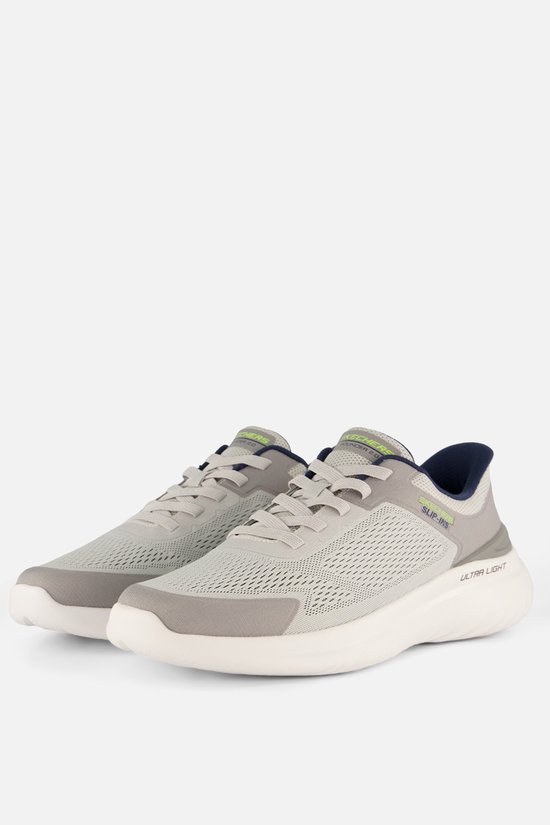 Bovenkant van grijze Skechers Slip-Ins Bounder 2.0 instappers met blauwe binnenzool.