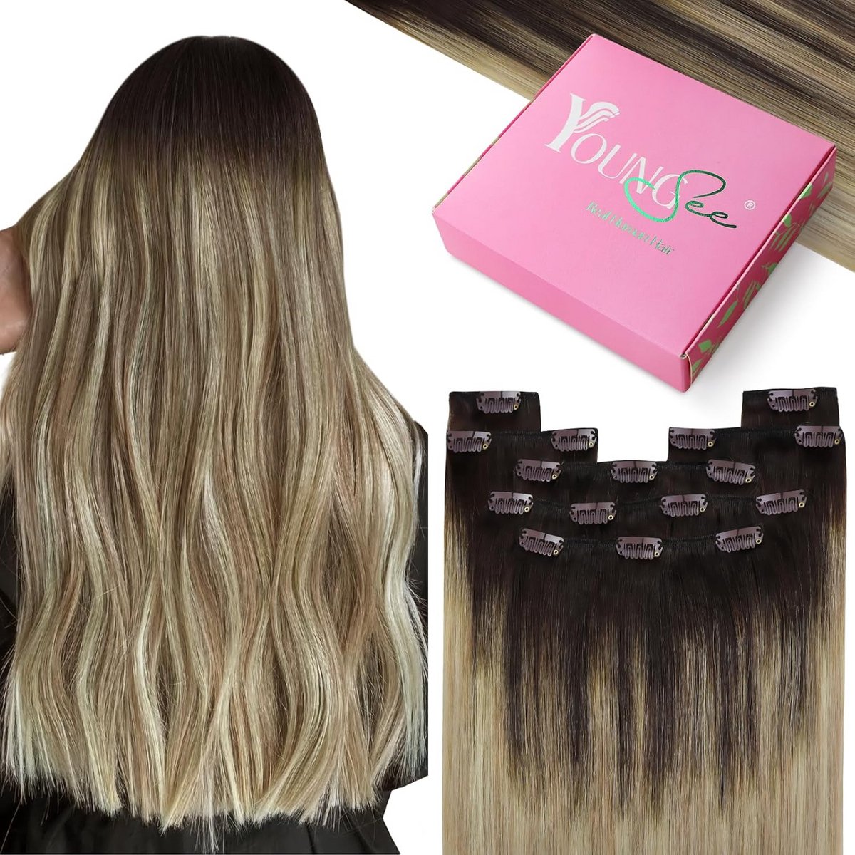 Clip-in Haarverlenging Echt Haar Balayage Blond & Donkerbruin 120g 7 Delen