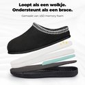 Zwarte pantoffel met lagen die de constructie laten zien: 'Gemaakt van 45D memory foam'.
