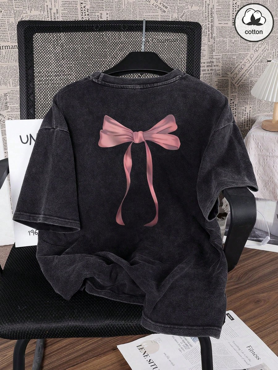 Trendy Gewassen zwarte Casual T-shirt met Elegante Strikprint Comfortabel Katoen Basic Shirt 4XL