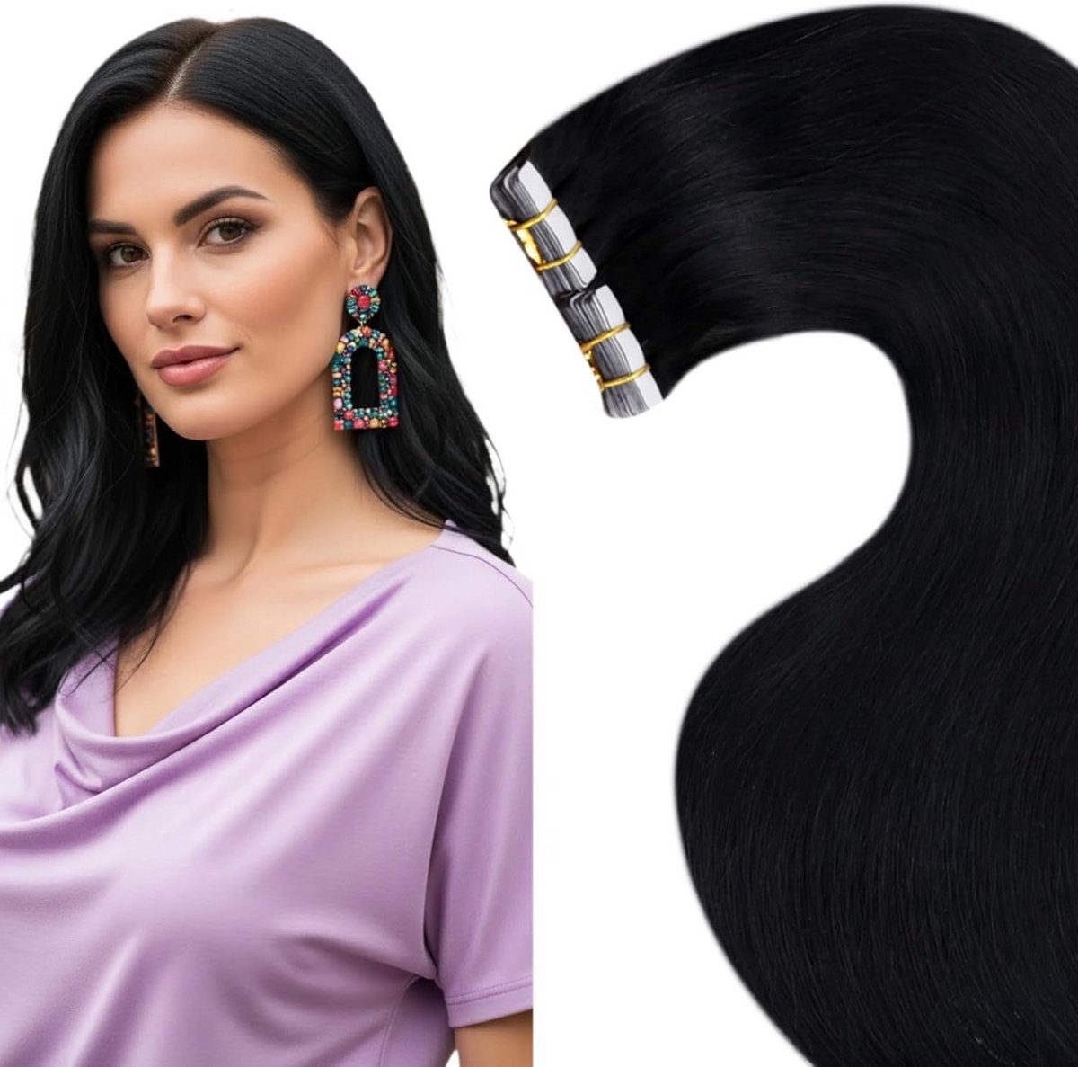 Tape-in Haarverlenging Echt Menselijk Haar Zwart 55cm 20 Strips