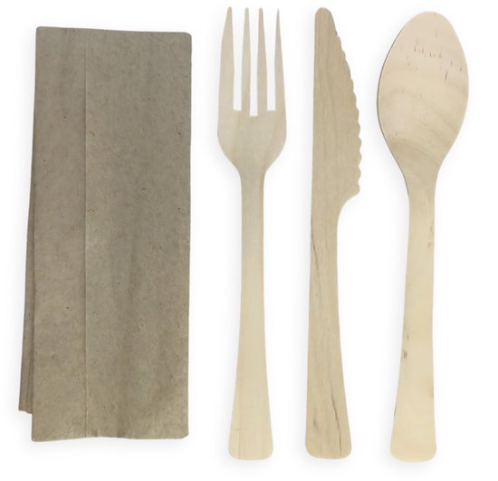 Houten bestekset 4 in 1 (lepel-mes-vork-servet) in bestekzakje - 50 stuks