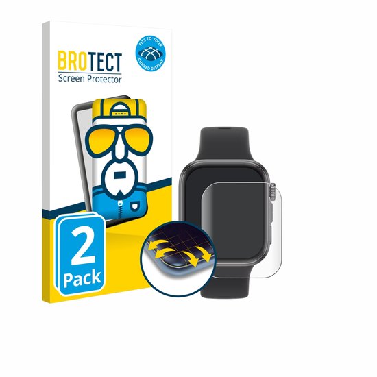 Emballage BROTECT avec figurine stylisée, logo '2 Pack' et une smartwatch avec un protecteur d'écran transparent dessus.