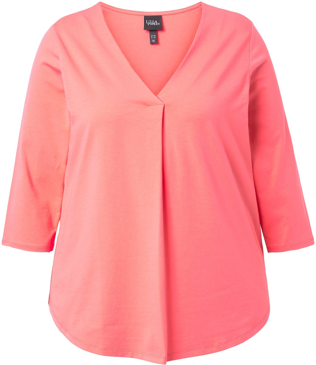 Ulla Popken - Dames - Shirt sierplooi A-lijn V-hals 3/4-mouwen - Koraal - Maat 42+