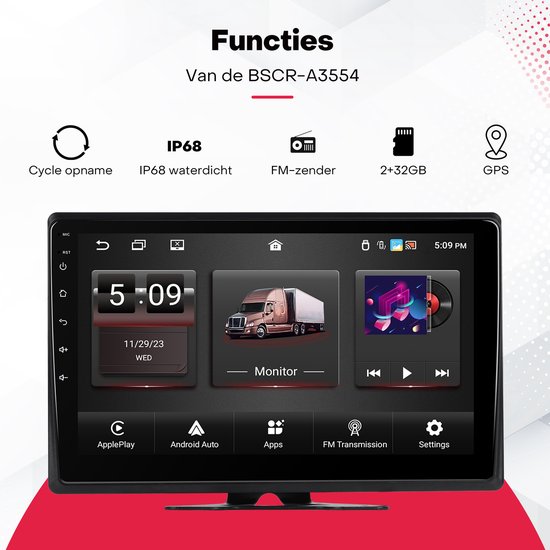 Boscer 10.1 Inch Android 4-Wegs Camera Monitor - 4x Waterproof IP68 Camera - Apple Carplay & Android Auto (Draadloos) - Android 13 - 2+32GB - WiFi, Bluetooth & Radio - Geschikt voor Camper, Auto & Vrachtwagen — afbeelding 4