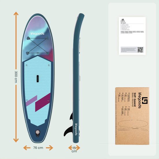LifeGoods SUP Board Allround Compact - met Zitje - 120 KG Draagkracht - 300 x 76 cm - Opblaasbaar - Compleet SUP pakket - Blauw/Paars