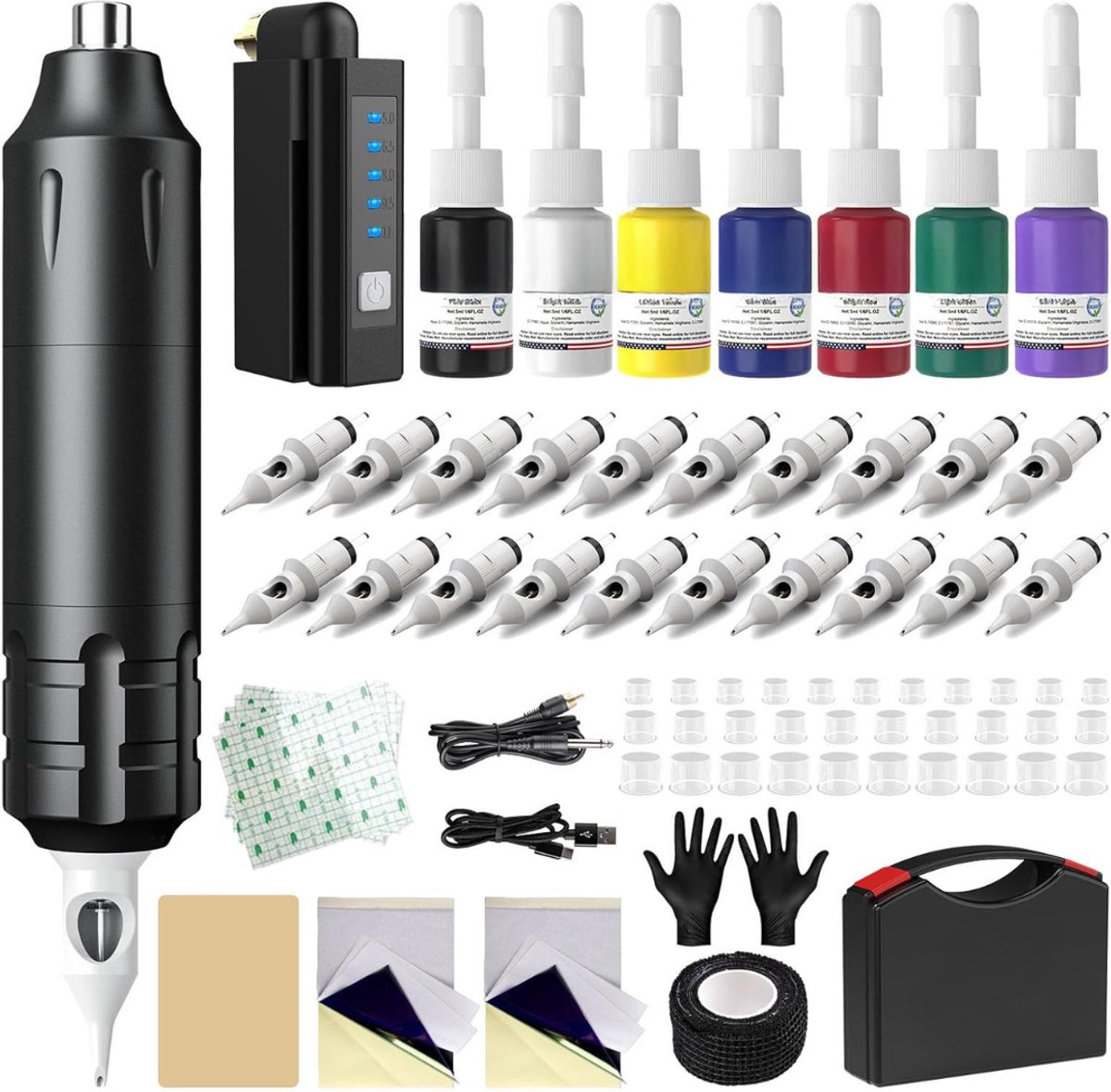 Tattoo Machine met Accessoires - Tattoo Machines Draadloos - Tattoo Set Inclusief Inkt en Naalden - Tattoo Kit -Zwart