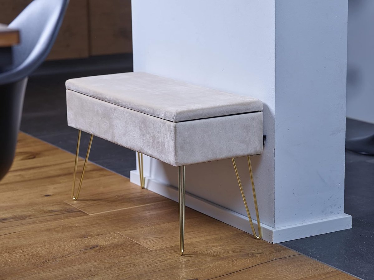 Luxe Fluwelen Opbergbank – Zitbank met Opbergruimte, Make-upbank, Kruk voor Slaapkamer, Woonkamer en Entree, Goudkleurige Metalen Poten, Crème, 75 x 30 x 42 cm House&Garden