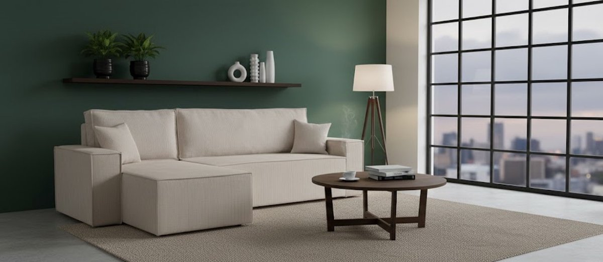 Paris Luxe Hoekbank met Slaapfunctie & Opbergruimte – Ribstof Beige – Universele Hoek – Slaapbank 200x125 cm – Hoekbank met Bedlade House&Garden
