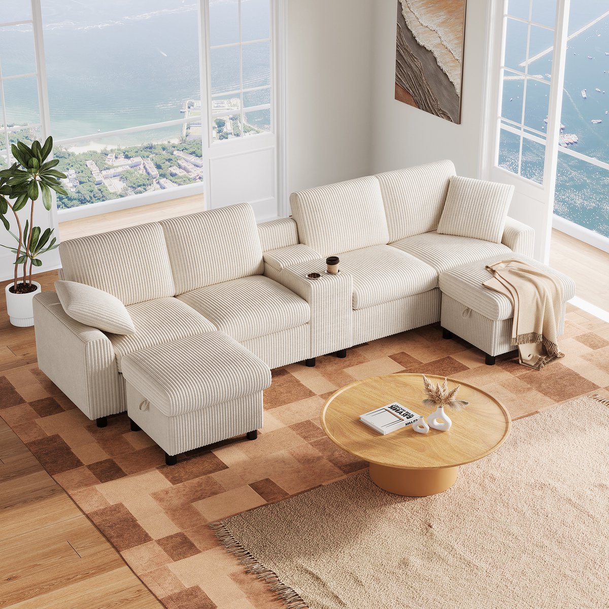 OKWISH U Bank 315 X 135 Cm - Met Opberg Hockers, Salontafel En Oplaadpunten - Voor Woonkam