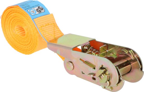 Oranje spanband met metalen ratelmechanisme.