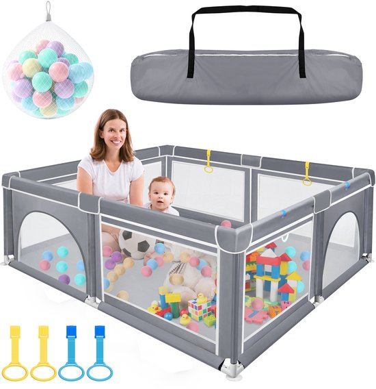 Froadp 150 x 180 cm x 68 cm Babybox Opbouwbare kinderbox Krabbelhek Babybox Met accessoires en handtas, donkergrijs