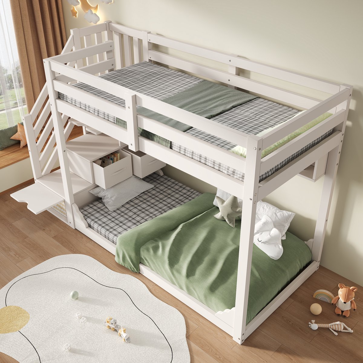 Stapelbed 90x200 cm - met trapkast en opbergruimte - kinderbed met opbergvakken - zonder matras - wit