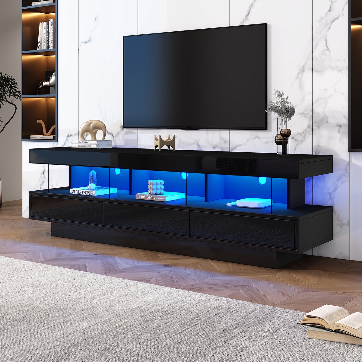 MIVRAY Tv Meubel Zwart Hoogglans Met Drie Glazen Planken En Ledverlichting En Bluetooth Appbediening Voor 70 Inch Televisie 160 X 38 X 50,5 Cm