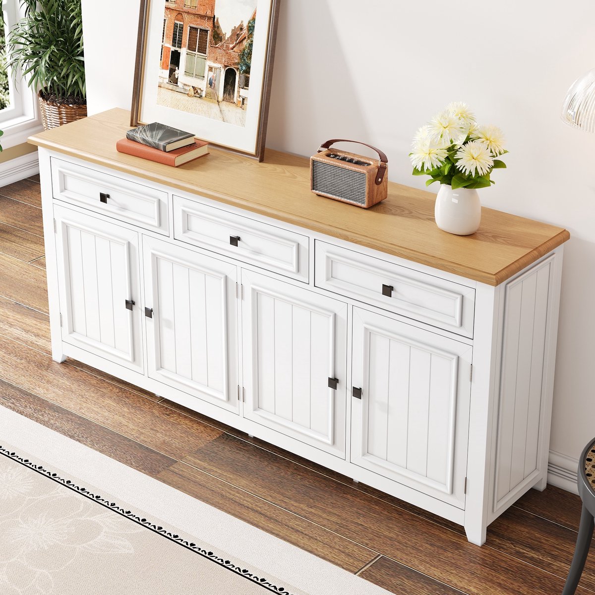 MIVRAY Dressoir - Opbergkast Met 3 Lades En 4 Deuren - Verstelbare Planken Voor Woonkamer En Hal - MDF Wit Houtlook - 160x35x76 Cm