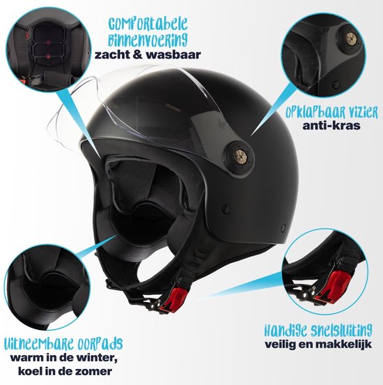 VINZ Duoro Casque Jet avec Visière / Casque de Scooter / Casque de Scooter Moustache - Zwart Mat
