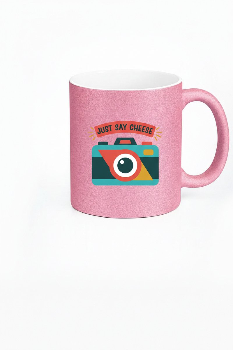 Pink Glitter Mug - "Just Say Cheese" Camera Design - 330ml Keramische Mok