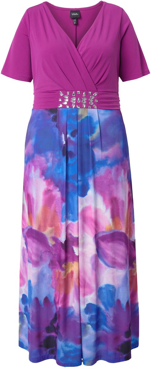 Ulla Popken Dames - Maxi jurk aquarelbloemen A-lijn V-hals korte mouwen - Orchidee - Maat 54+